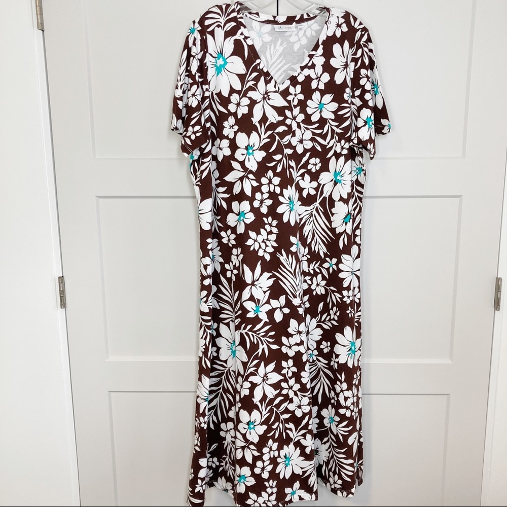 Denim & Co. V-neck Floral Print Knit Midi Dress Short Sleeve Brown White NEW